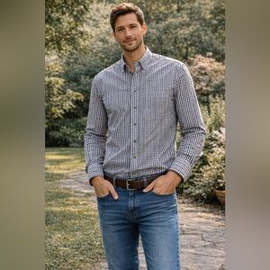 Bruun & Stengade Modern Fit Brown Blue Gingham Button Down 17 3/4 45  [000210]